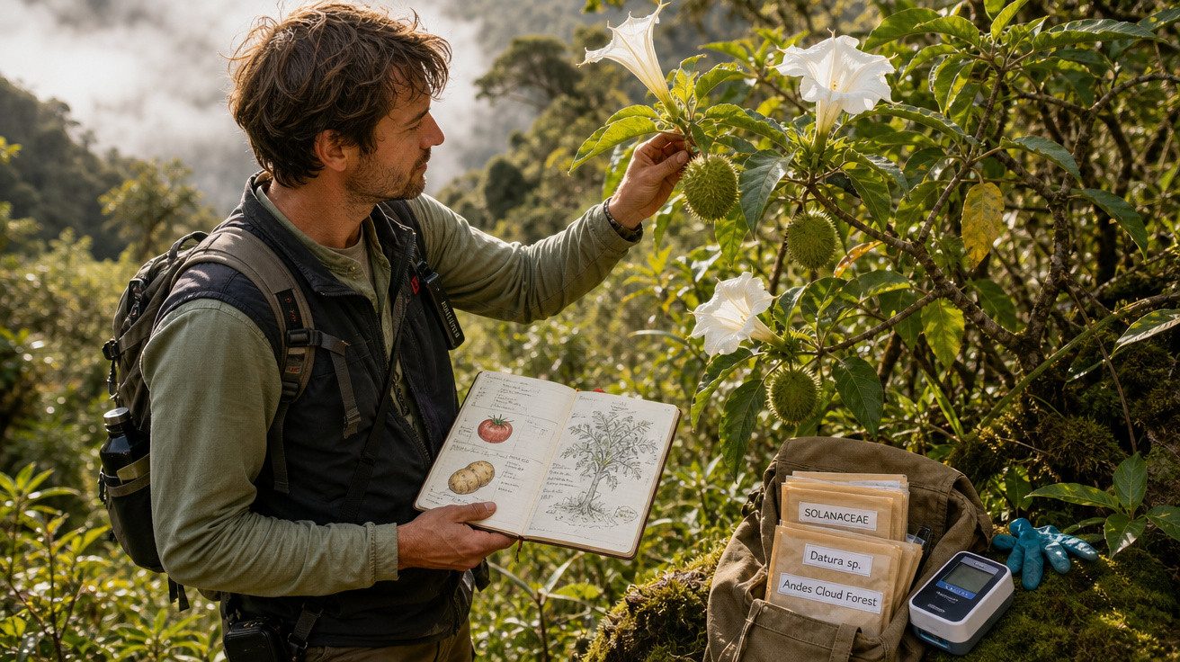 Homem observa flor branca e folhas com caderno de botânica aberto na floresta.