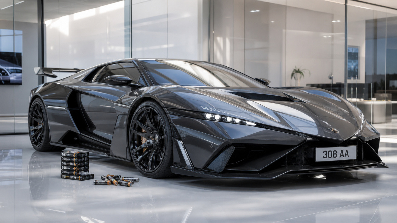 Carro esportivo preto futurista estacionado em ambiente interno moderno, com luzes dianteiras acesas.