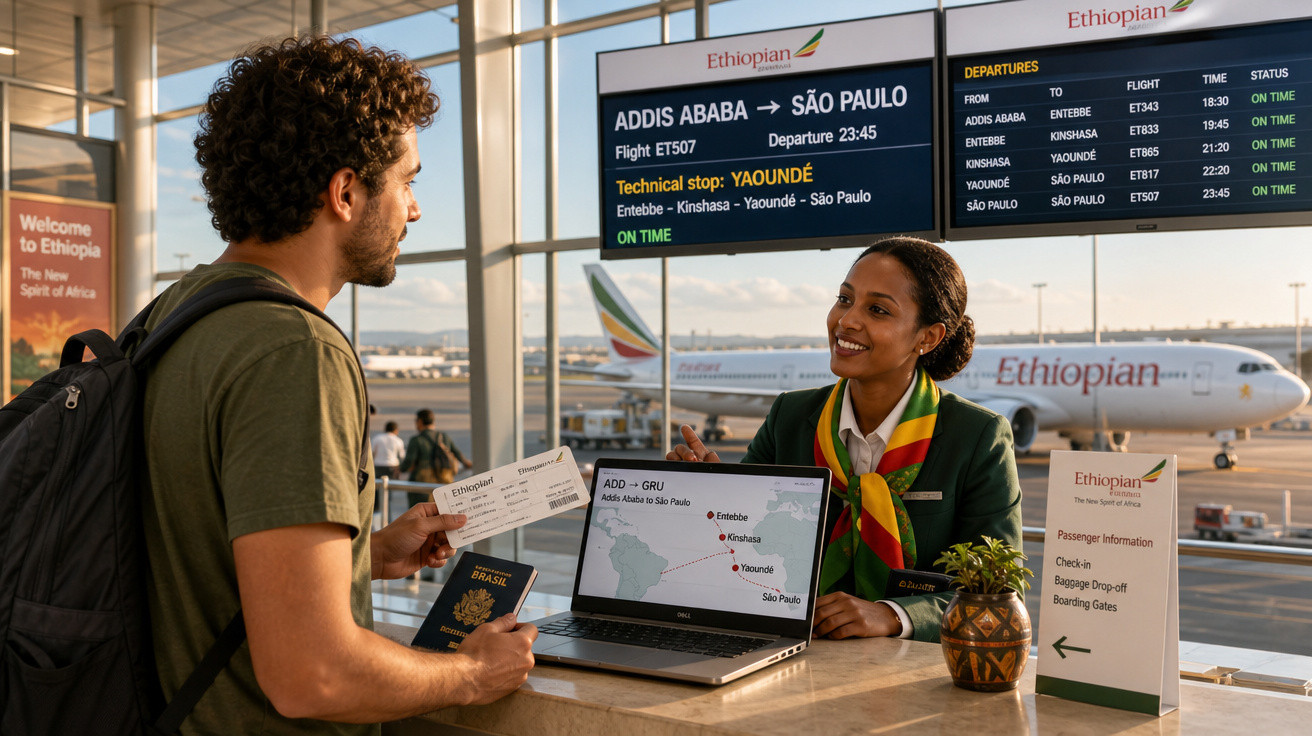 Homem com mochila e passaporte consulta atendente no balcão da Ethiopian Airlines no aeroporto.