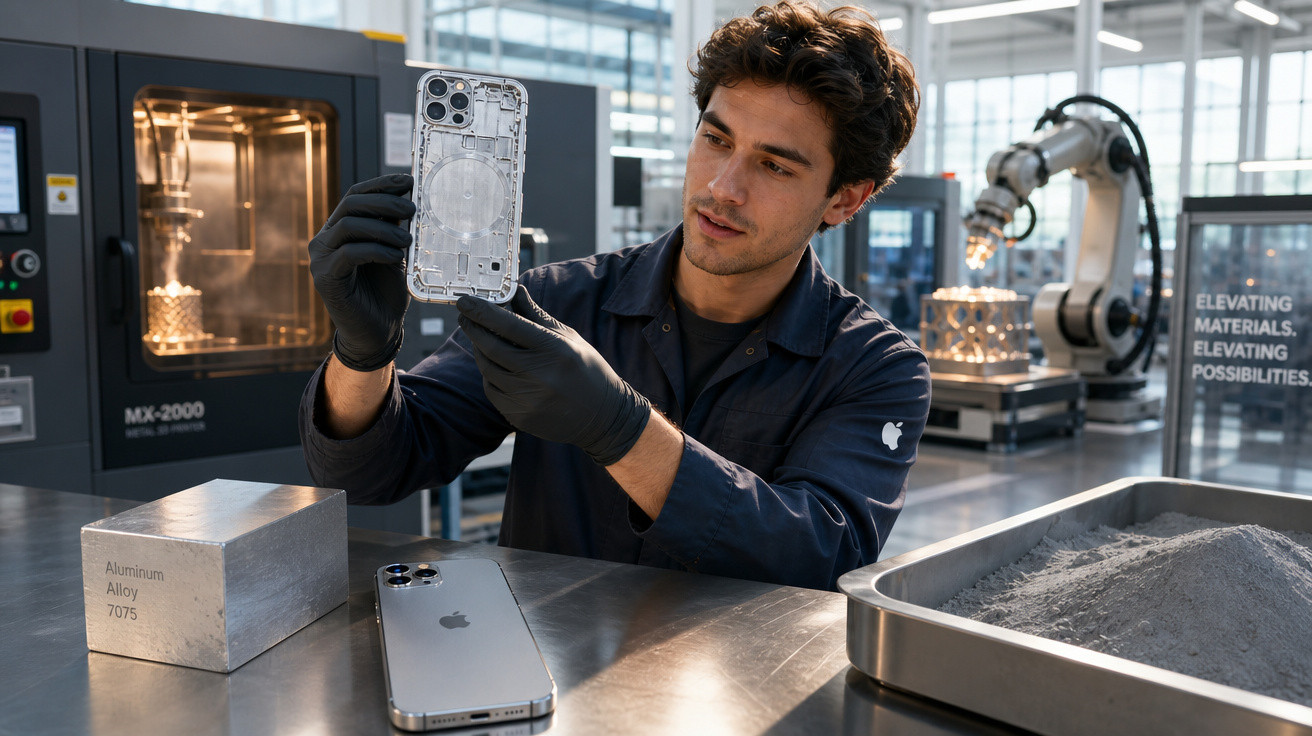 Homem analisando peça interna de celular em ambiente industrial moderno com equipamentos e pó metálico.