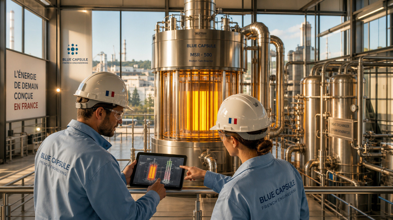 Dois engenheiros franceses com capacetes analisam dados em tablet dentro de uma planta industrial moderna.