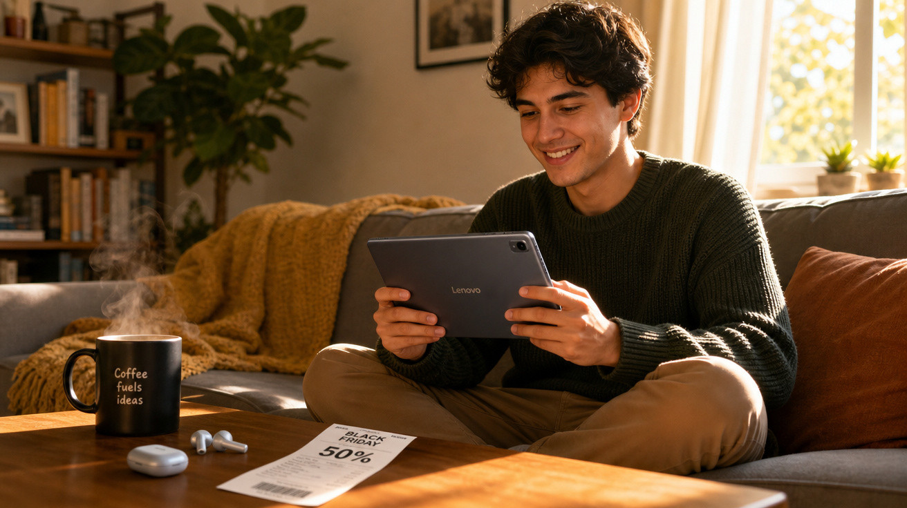 Jovem sentado no sofá segurando tablet Lenovo, ao lado de caneca de café, fones e folheto de promoção Black Friday.