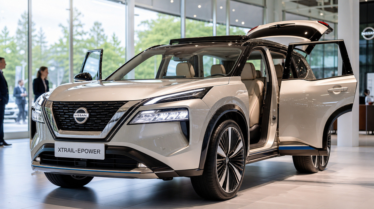 SUV Nissan X-Trail e-Power prata com portas e porta-malas abertos em showroom moderno.