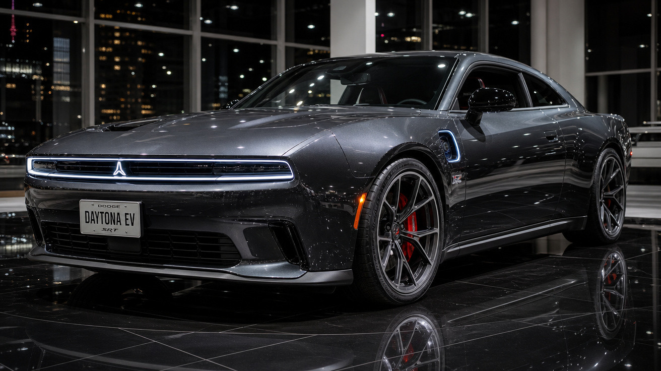 Carro elétrico Dodge Daytona EV preto em exibição em ambiente moderno e iluminado à noite.