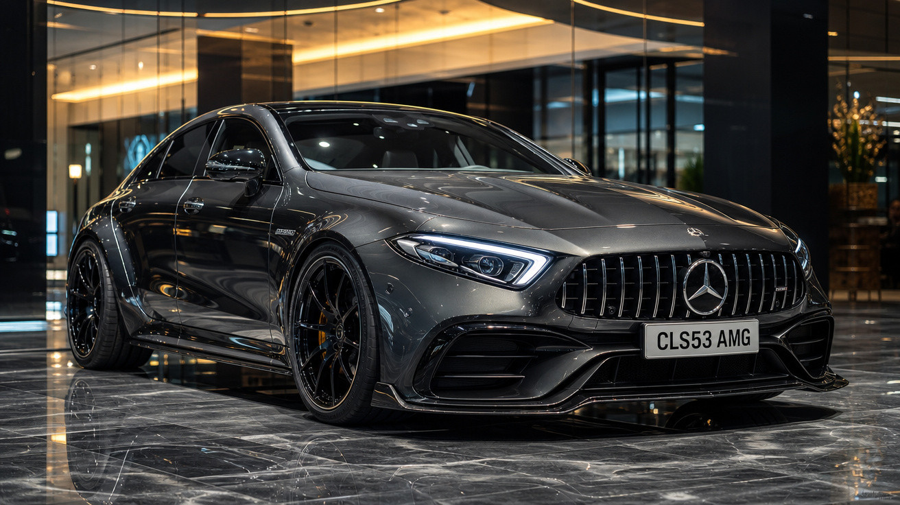 Carro esportivo Mercedes-Benz AMG cinza estacionado em piso de mármore refletivo em ambiente interno moderno.