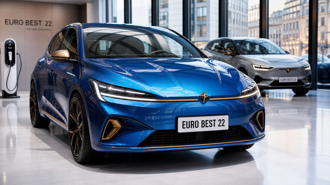Carro elétrico azul exibido em showroom moderno com outro carro cinza ao fundo e estação de recarga.