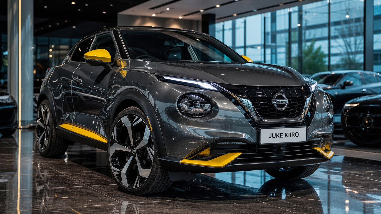 Carro Nissan Juke Kiiro cinza metálico com detalhes amarelos em showroom moderno.
