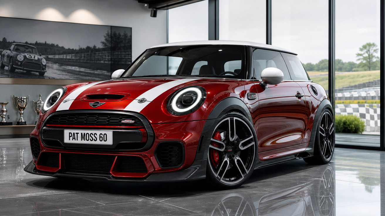 Carro esportivo Mini Cooper vermelho com teto branco estacionado em sala iluminada.