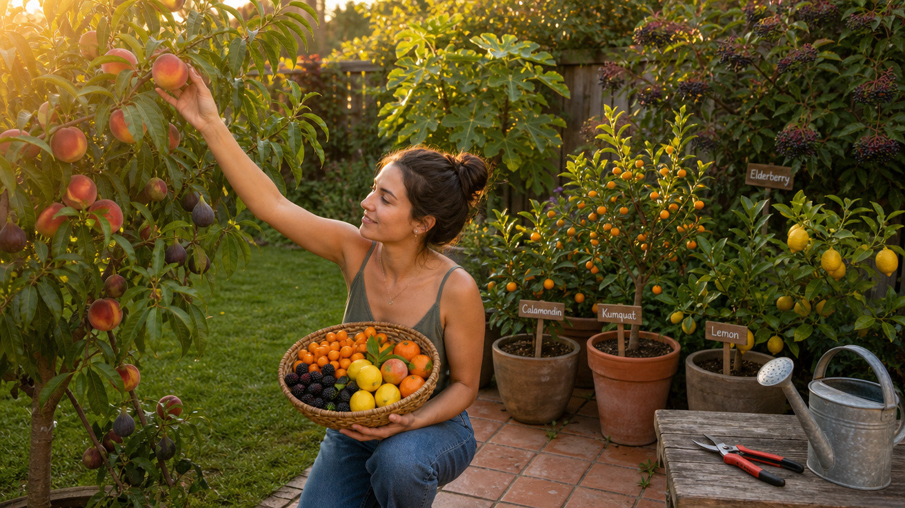 Mulher colhendo pêssegos em pomar com cesta de frutas variadas ao pôr do sol.