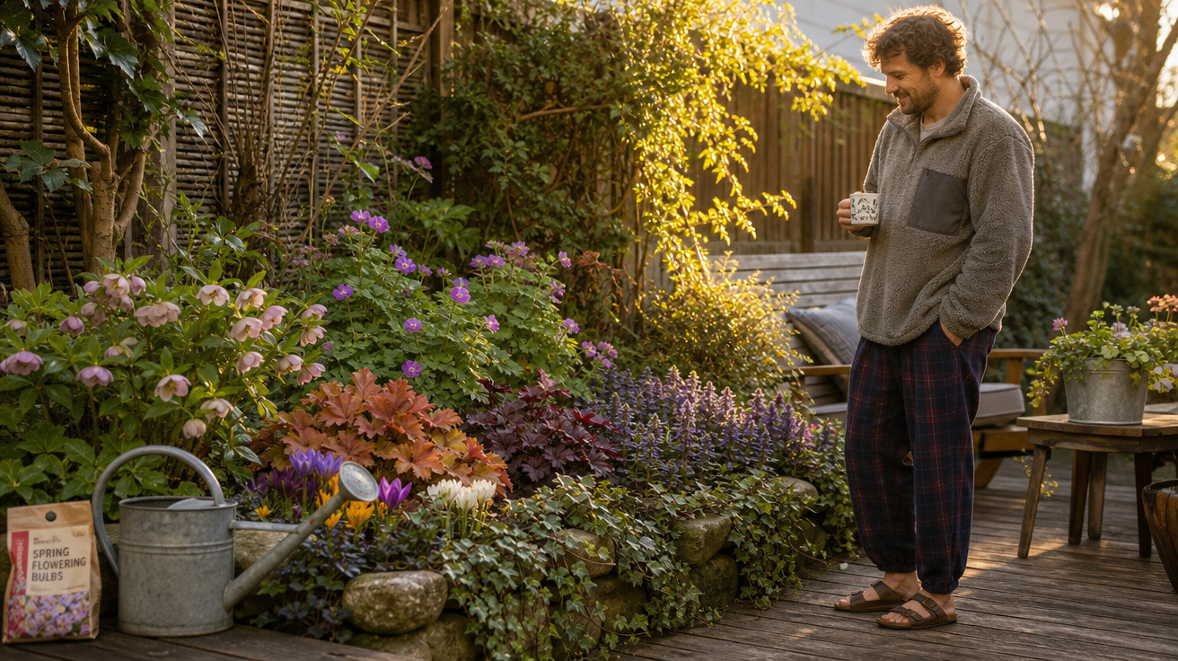 Homem com roupa confortável observa jardim florido ao amanhecer, segurando caneca na mão direita.