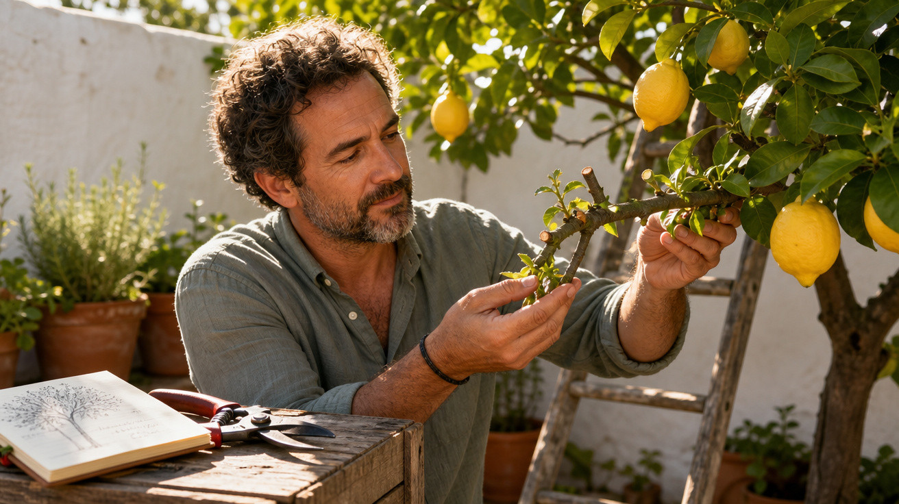 Homem examina ramo de limoeiro com frutos amarelos em jardim com mesa e livro aberto.
