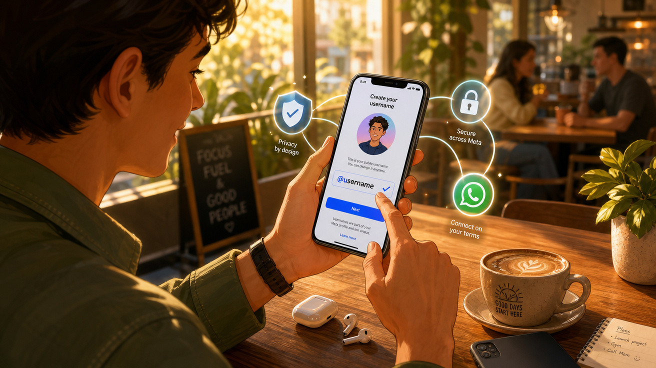 Pessoa criando nome de usuário em aplicativo no celular dentro de café, com café e fones sobre a mesa.