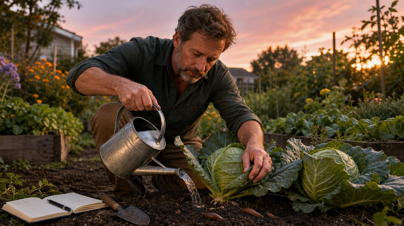 Homem regando planta de couve em horta ao entardecer, com caderno e enxada ao lado.
