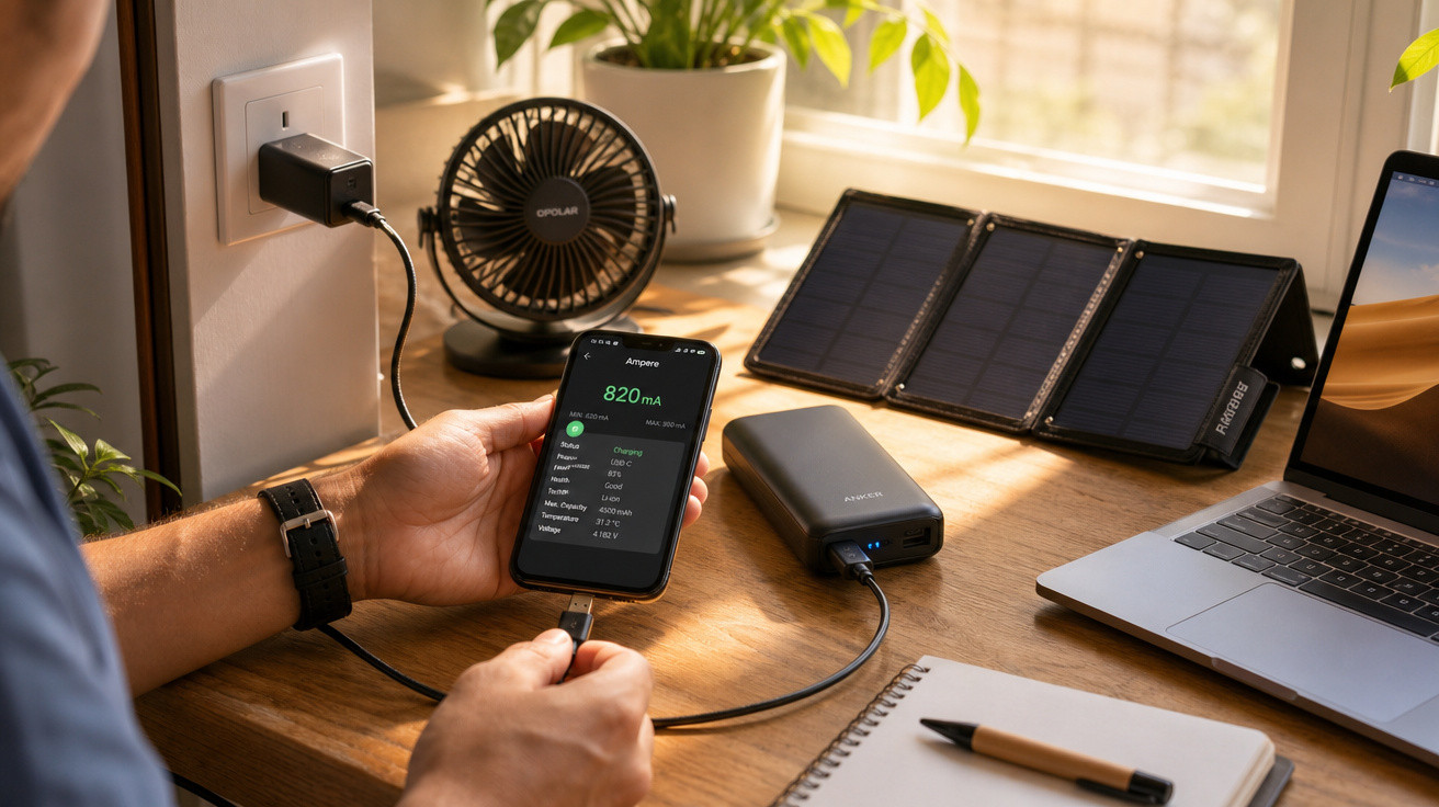 Pessoa segurando celular conectado a carregador portátil com painel solar, ventilador, notebook e caderno na mesa.