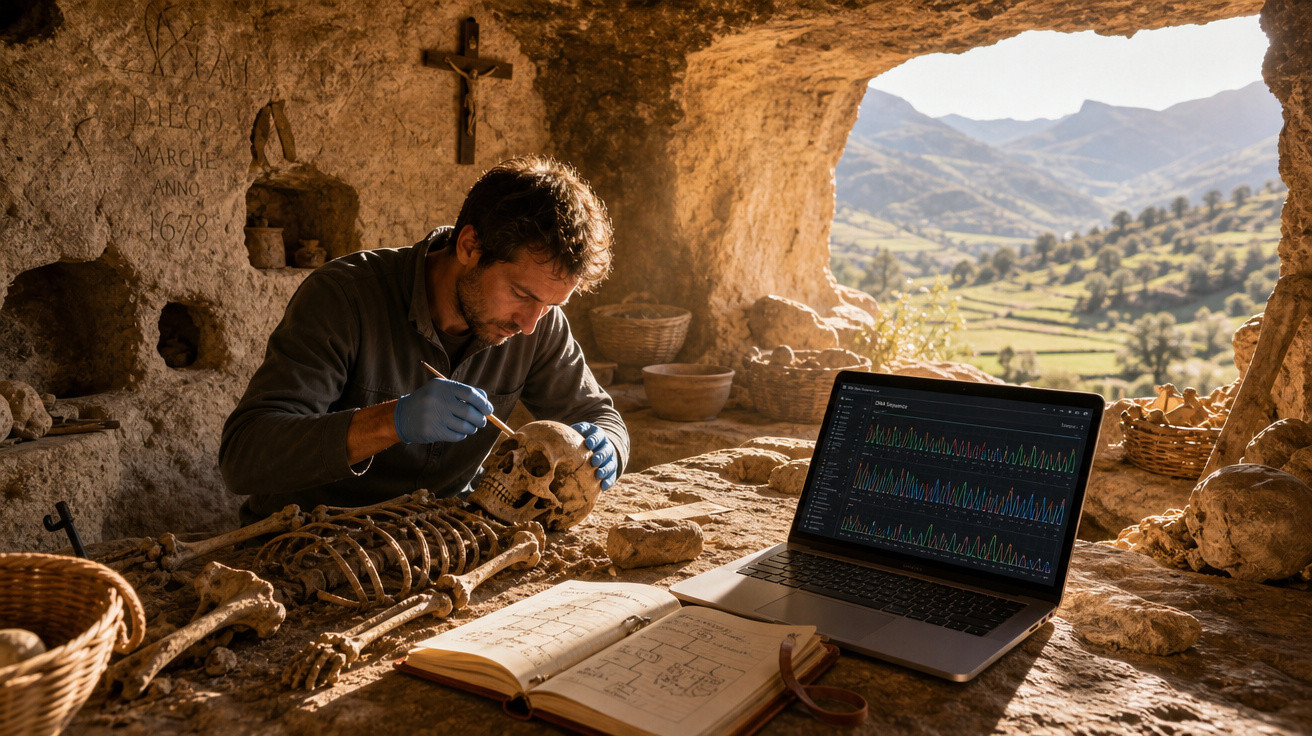 Homem estudando esqueleto humano em caverna com laptop e caderno em mesa rústica, vista de montanhas ao fundo.