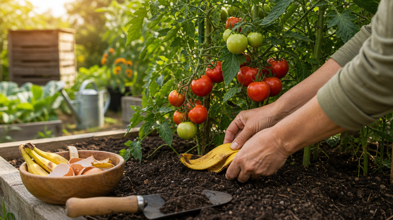 Pessoa colocando casca de banana na terra próximo a pés de tomate em horta caseira ao ar livre.