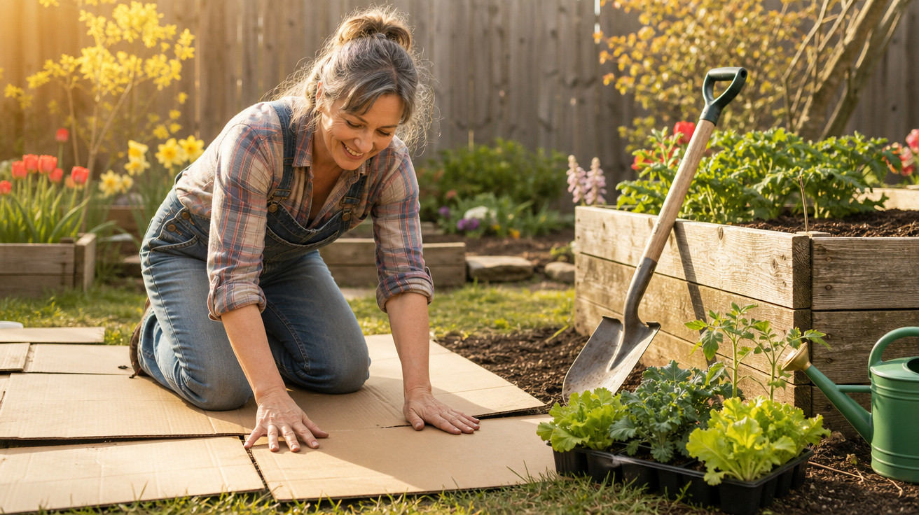 Mulher ajoelhada preparando canteiro com papelão para jardinagem em área externa ensolarada.
