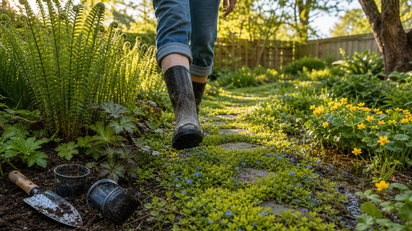 Pessoa com bota preta caminhando em trilha de pedra cercada por plantas e flores amarelas em jardim.