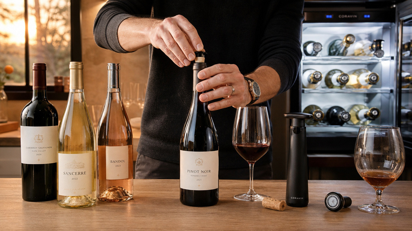 Pessoa abrindo garrafa de vinho tinto na mesa com quatro garrafas e duas taças de vinho.