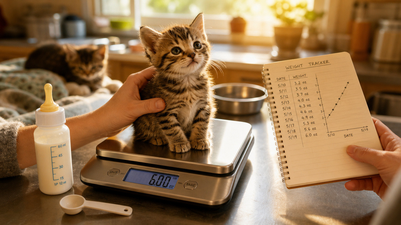 Filhote de gato sendo pesado em balança digital, ao lado de anotações de peso e mamadeira.