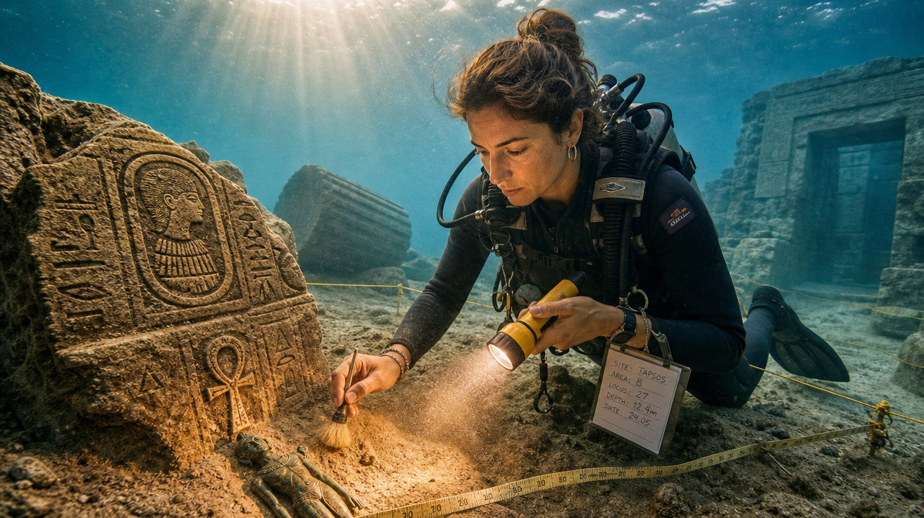 Mergulhadora escavando artefato antigo submerso com lanterna e pincel, cercada por ruínas subaquáticas.