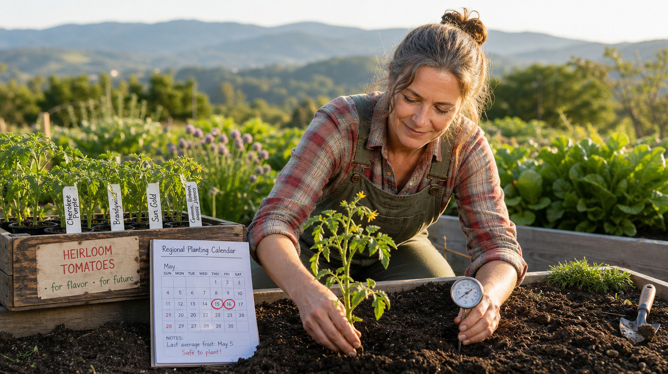 Mulher plantando muda de tomate em canteiro com calendário de plantio e caixas de mudas ao lado em horta ao ar livre.
