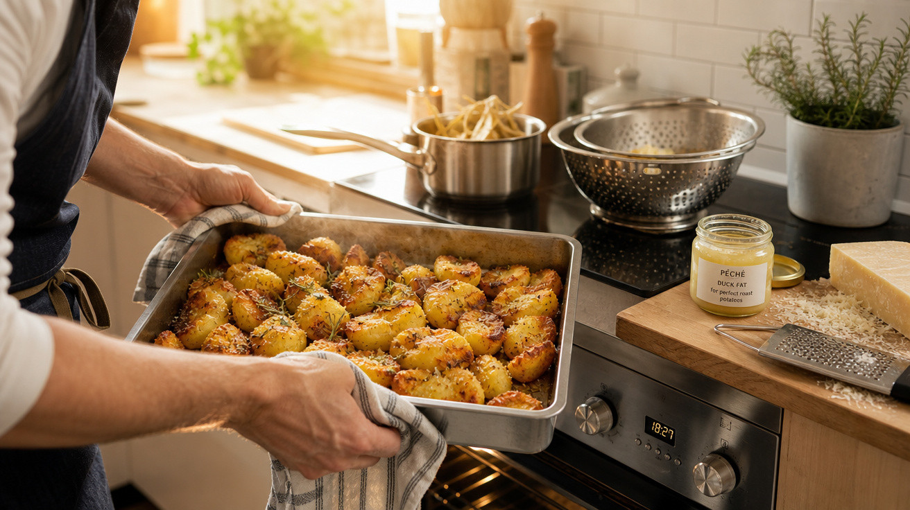 Pessoa segurando forma com batatas assadas douradas, saindo do forno em cozinha iluminada.