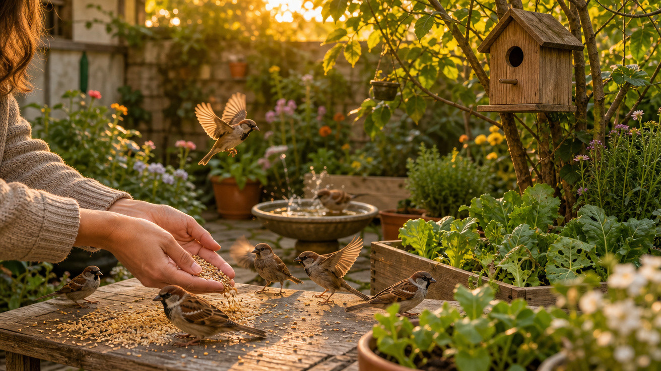 Pessoa alimenta pardais em mesa de madeira no jardim ao pôr do sol com plantas e casa de pássaros.