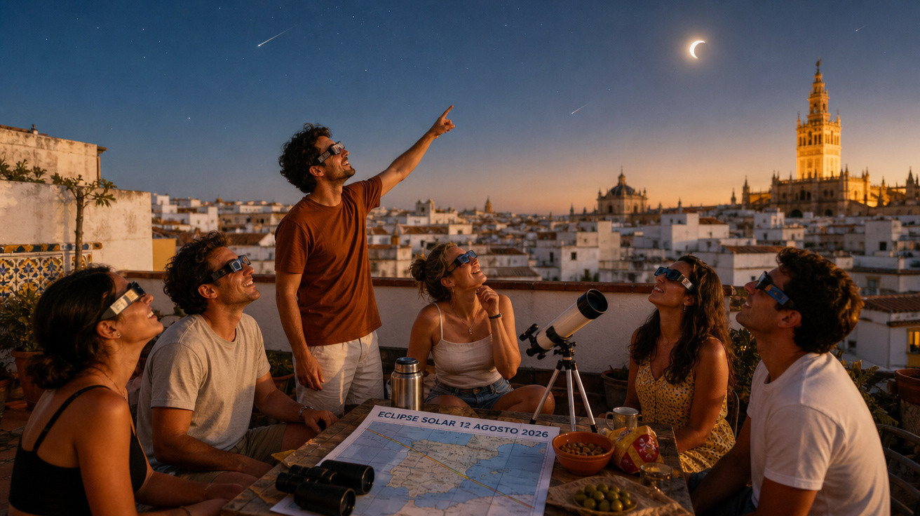 Grupo de seis pessoas em terraço observando eclipse solar com mapa e telescópio ao anoitecer.