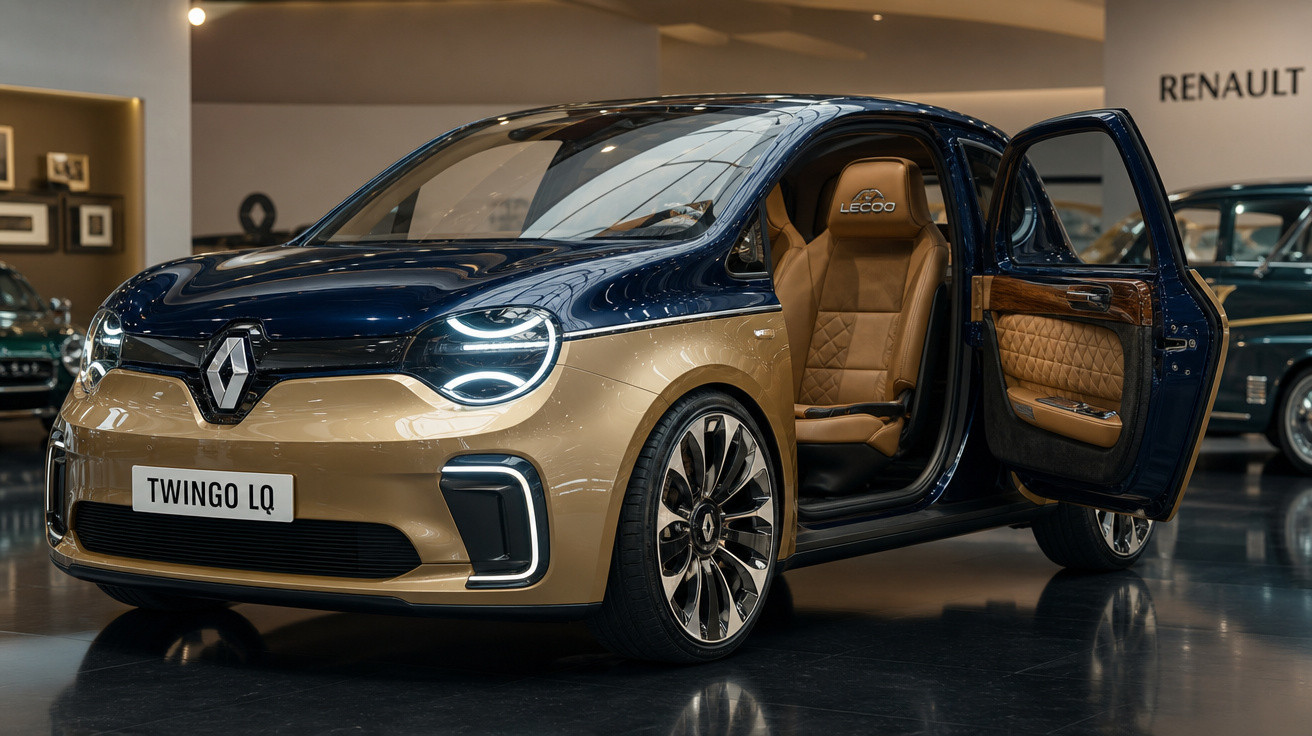 Carro Renault Twingo LQ azul e dourado com porta aberta mostrando interior de couro marrom claro.