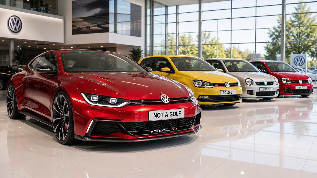 Linha de carros Volkswagen GTI em showroom, com Scirocco vermelho, Polo amarelo, Lupo branco e Up! vermelho.