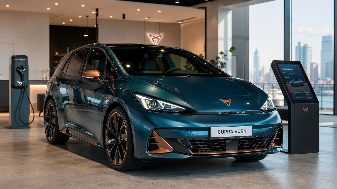 Carro elétrico azul Cupra Born exposto em showroom moderno com carregador e pedestal informativo.