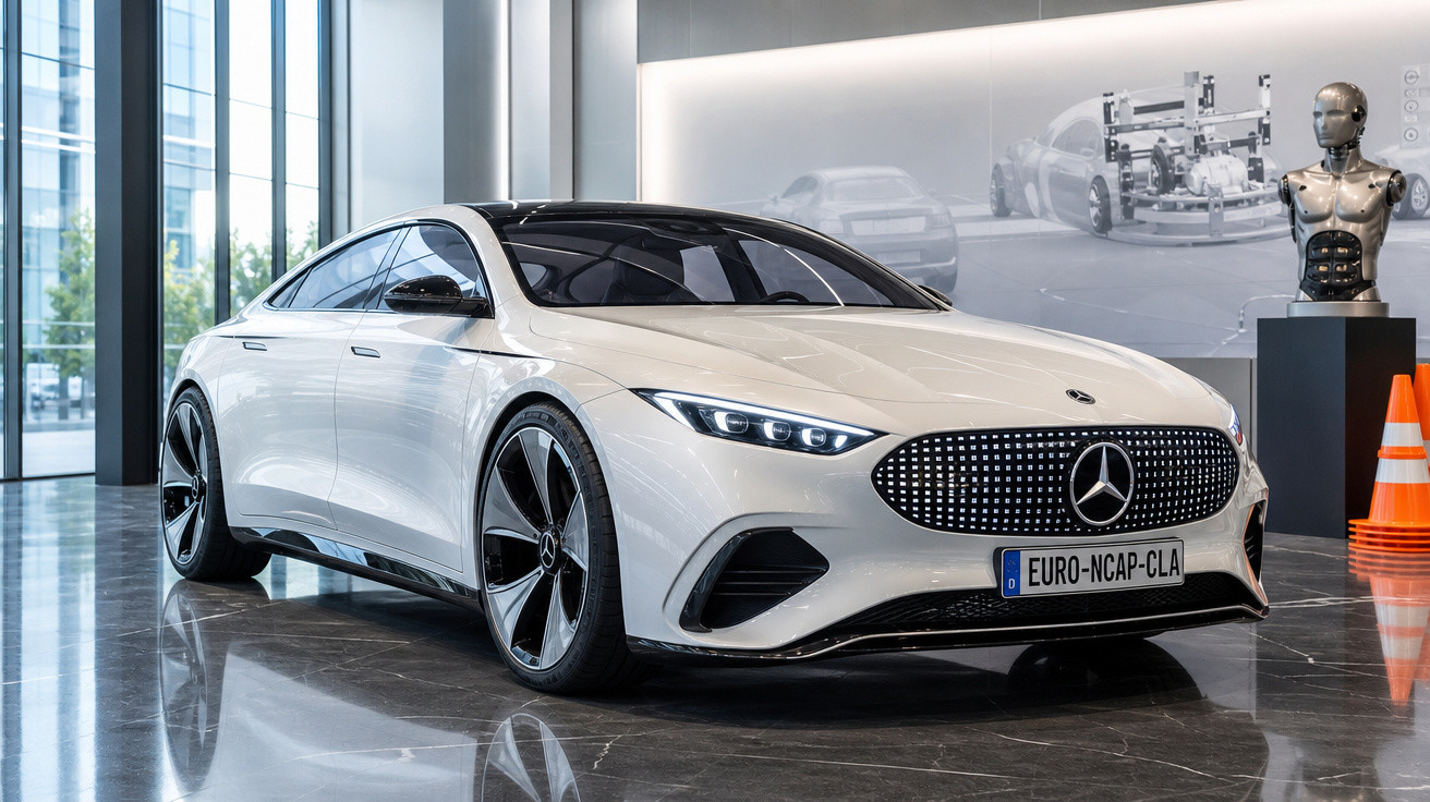 Carro elétrico Mercedes-Benz branco, futurista e moderno, em exposição interna com piso refletivo.