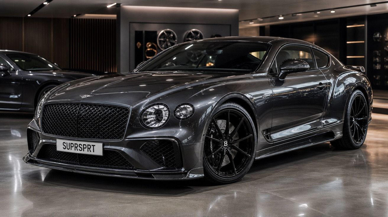 Carro esportivo cinza metálico Bentley estacionado em ambiente interno moderno com piso brilhante.