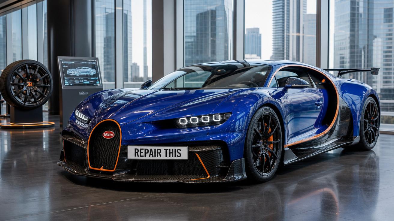 Carro esportivo Bugatti azul com detalhes laranja em exposição em showroom moderno com vidro.