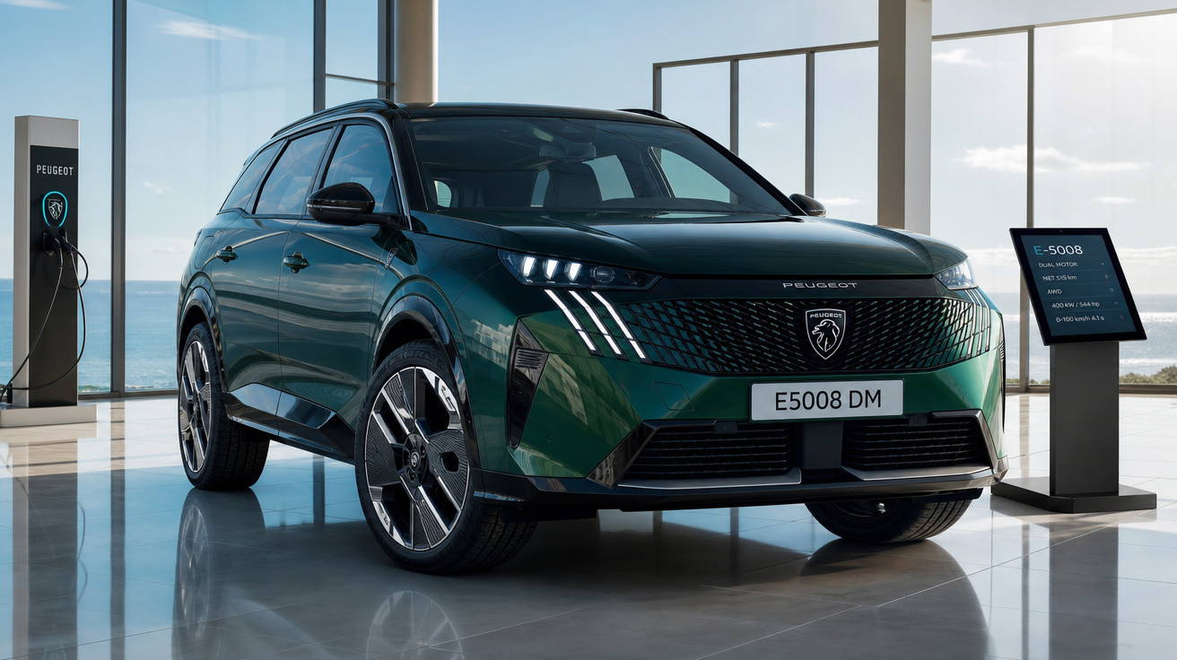 Carro elétrico Peugeot E-5008 verde em showroom moderno com carregador e painel informativo ao lado.