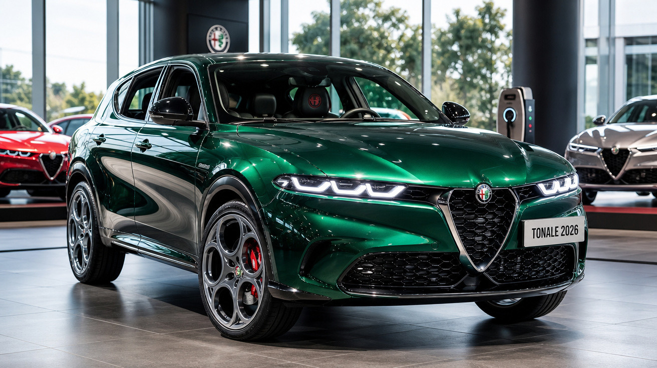 Carro esportivo verde Alfa Romeo Tonale 2026 exposto em showroom moderno com luz natural.