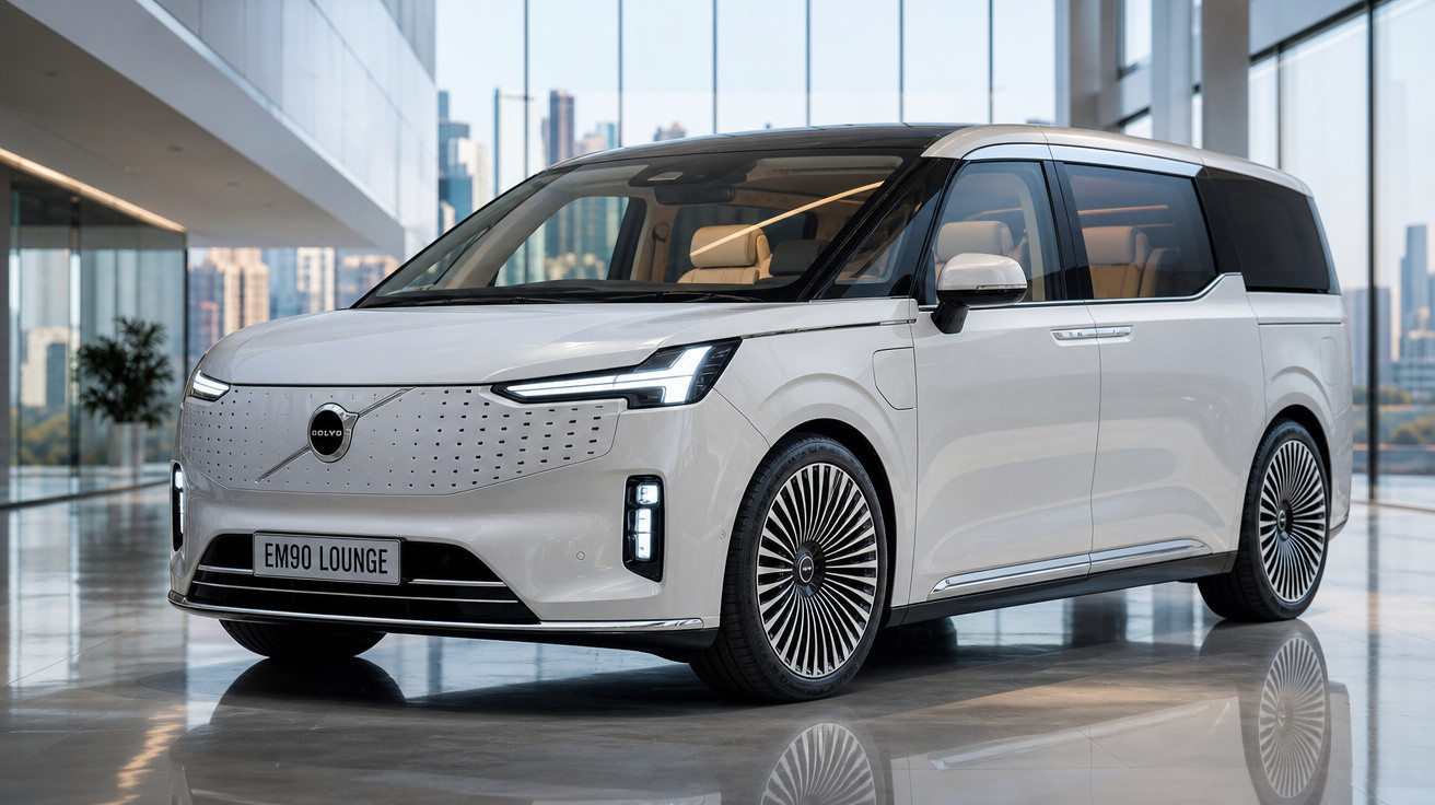 Carro elétrico branco Volvo EM90 Lounge estacionado em ambiente interno moderno com vidro e reflexos no chão.