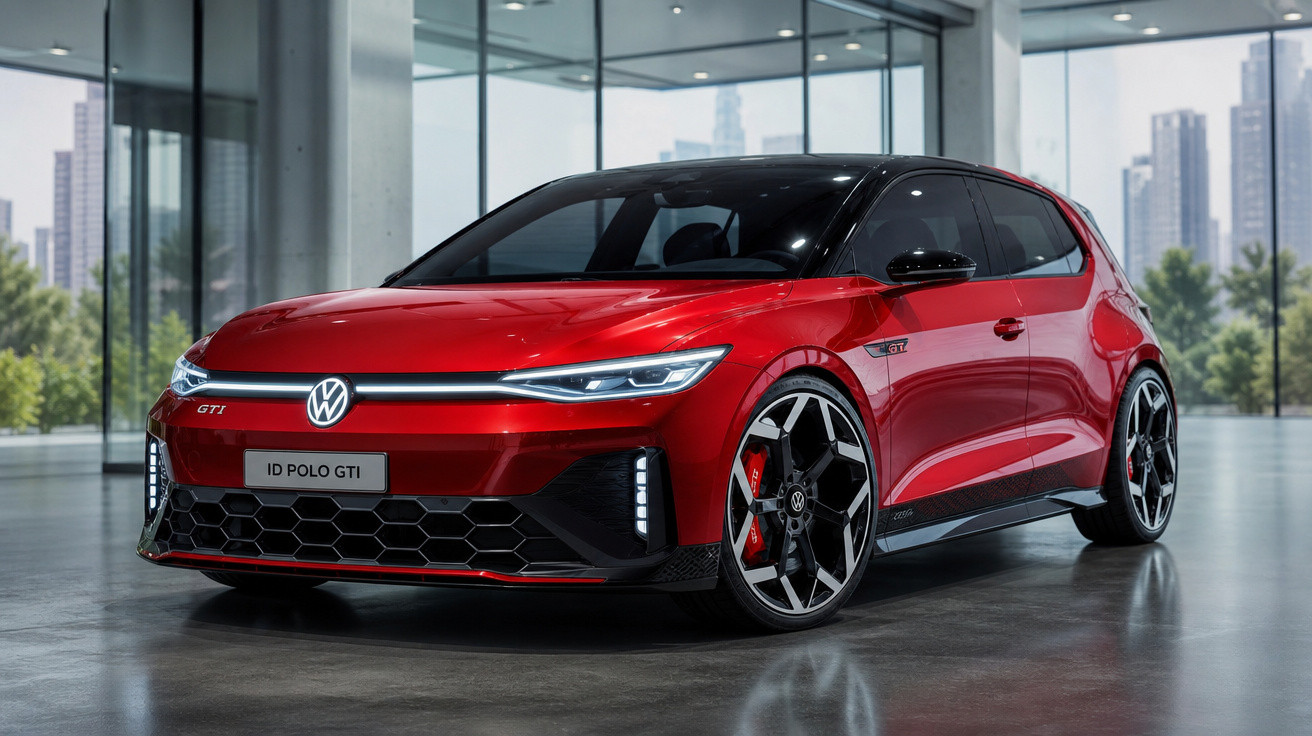 Carro vermelho Volkswagen ID Polo GTI estacionado em ambiente moderno com janelas e vista urbana.