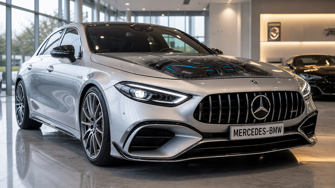 Carro prata Mercedes-Benz esportivo em showroom com motor BMW visível no capô transparente.