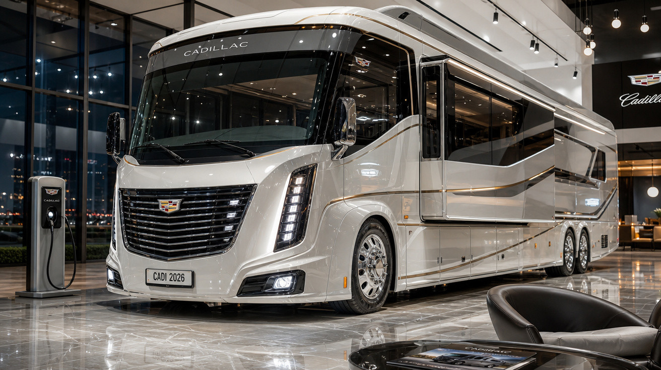 Motorhome branco luxuoso da Cadillac em showroom moderno com iluminação sofisticada e detalhes brilhantes.