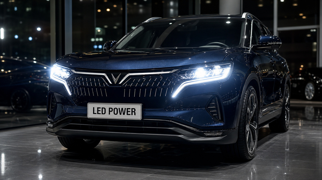 SUV azul escuro com faróis de LED acesos em showroom moderno durante a noite