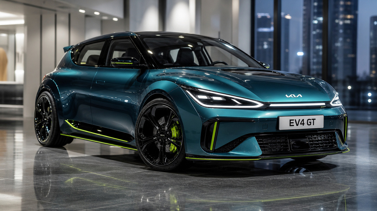 Carro elétrico Kia EV4 GT azul petróleo com detalhes em verde neon em ambiente urbano à noite.