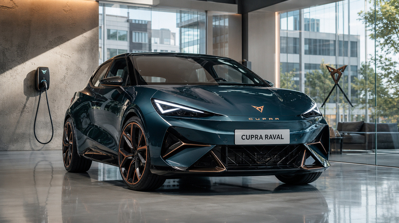 Carro elétrico Cupra Raval azul escuro carregando em estação interna moderna com paredes e piso de concreto.