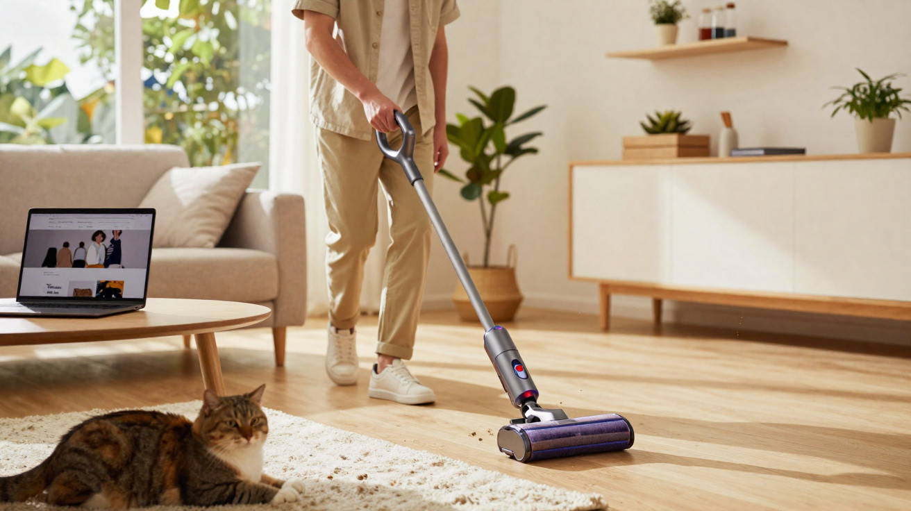 Pessoa utilizando aspirador sem fio para limpar chão de madeira em sala com tapete e gato sentado próximo.