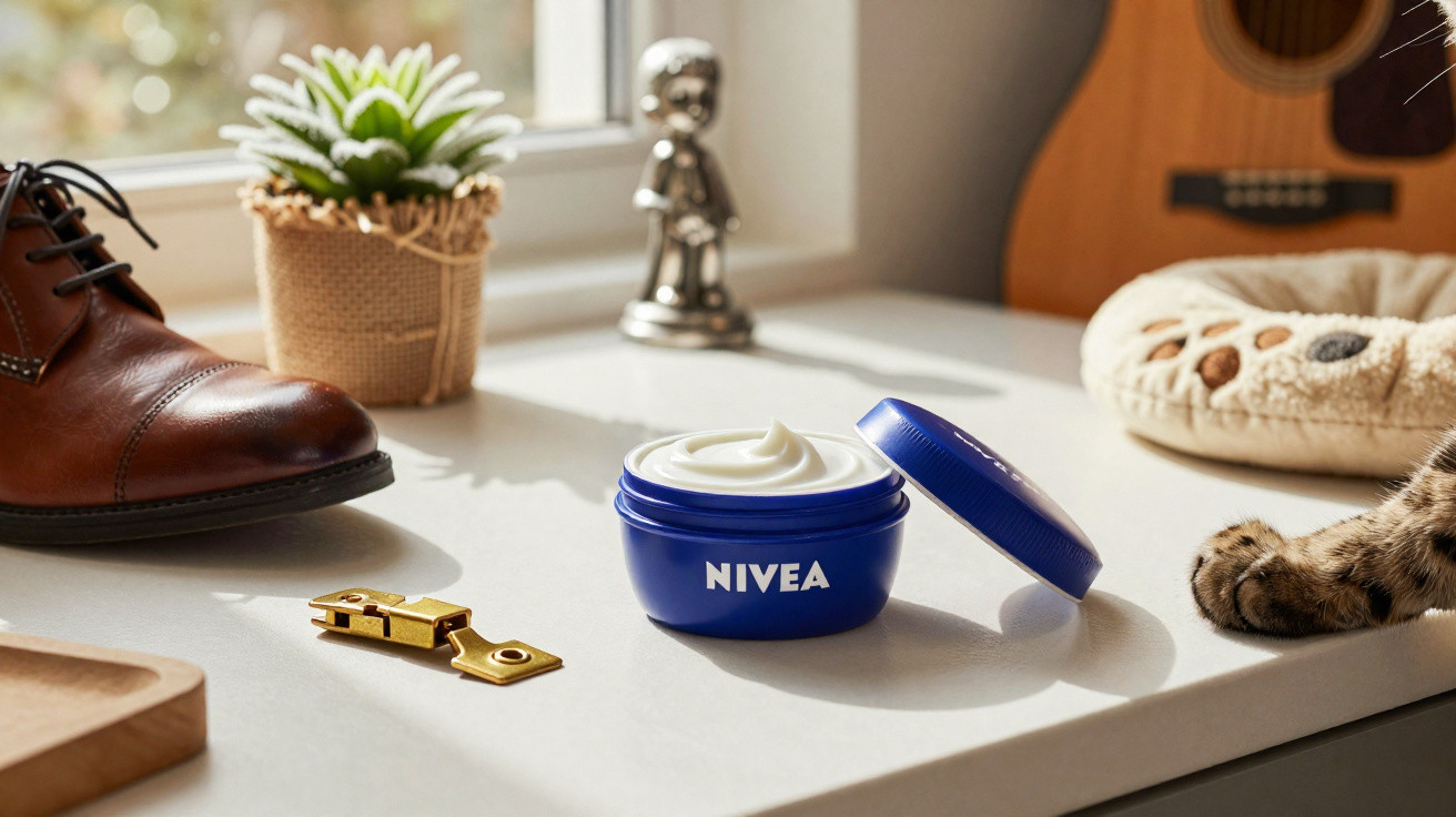 Pote aberto de creme Nivea sobre mesa branca com sapato, planta, chave, violão e patinha de gato.