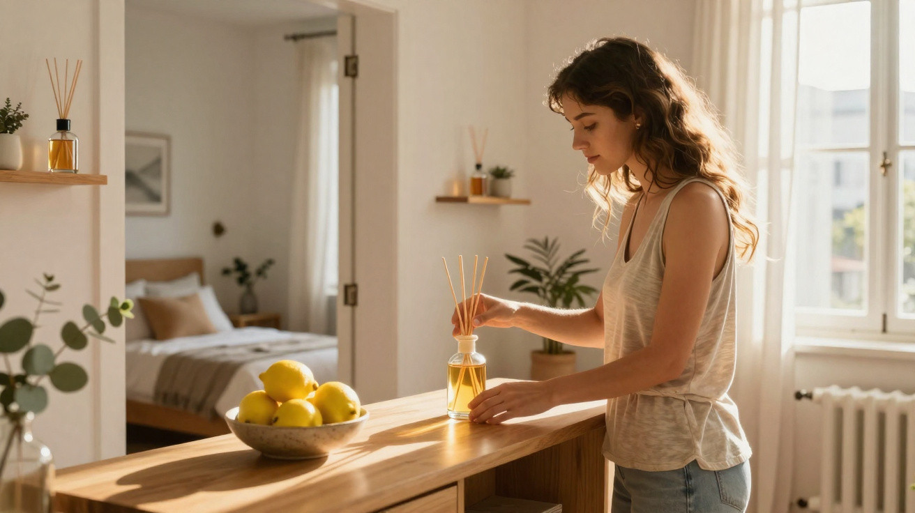 Jovem mulher arrumando difusor de aromas em cozinha clara com tigela de limões e quarto ao fundo.