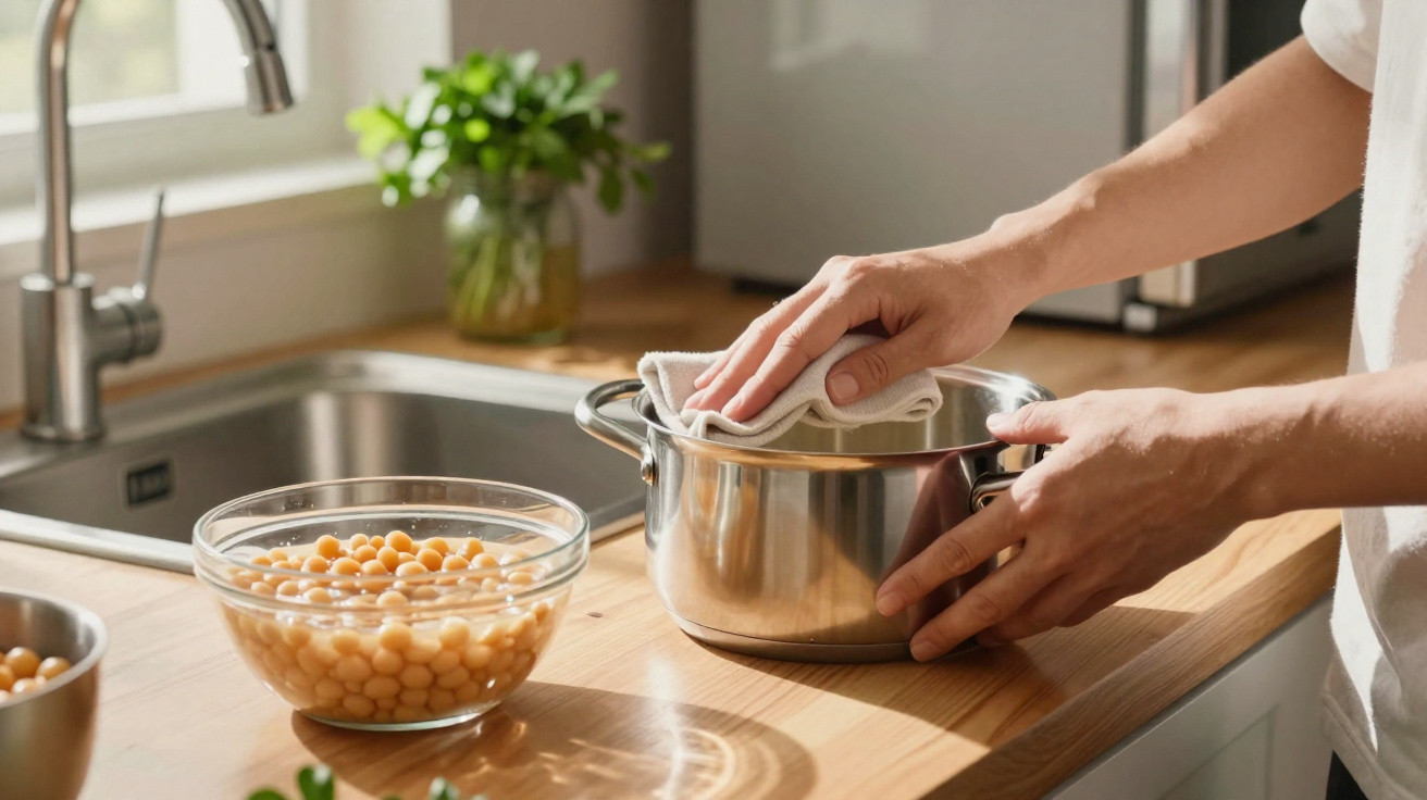 Mãos secando panela de inox em bancada de cozinha com tigela de grão-de-bico ao lado.