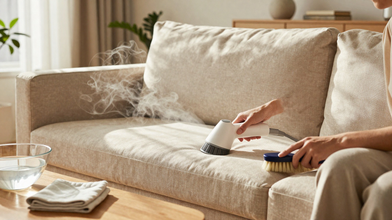 Pessoa limpando sofá bege com vaporizador e escova em sala iluminada.