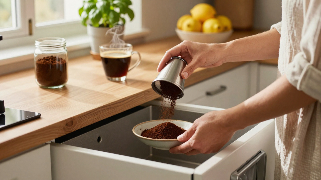 Pessoa colocando pó de café em um recipiente na cozinha, com café fumegante e pote no balcão.